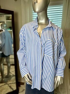 French Connection NWT Relaxed Blue and White Striped Button Down Shirt Large
